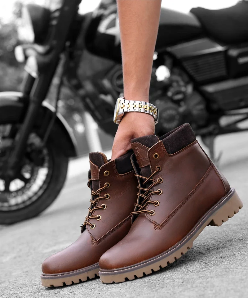 Bacca Bucci Brown Bullet Splash Proof Leather Boots for Biking & Hiking for Men | Best Price UAE